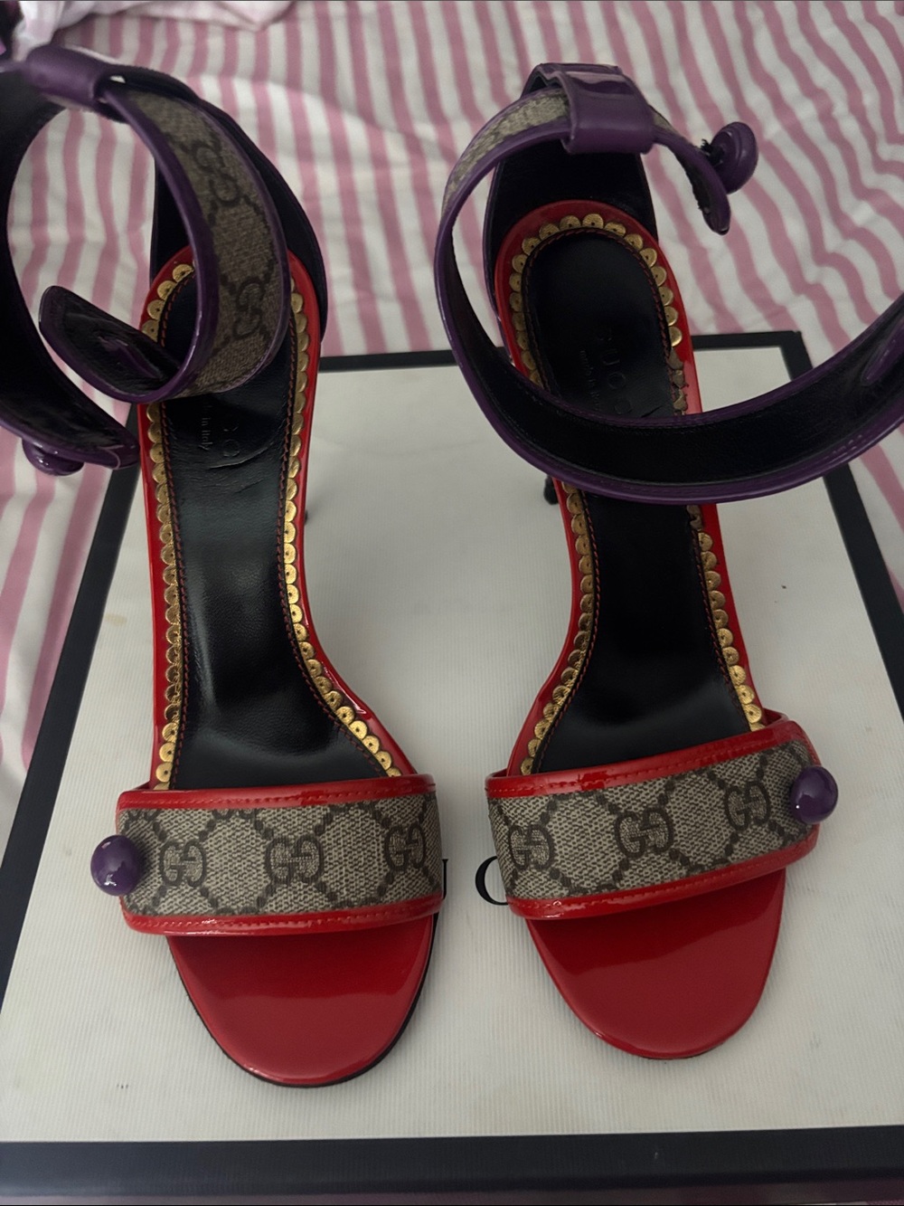 Gucci Red Patent & Purple Ankle-Strap Heels with GG Canvas